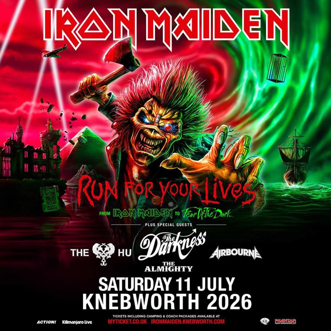 Iron Maiden headline Knebworth Park on 11 July 2026 with Run For Your Lives, joined by The Darkness, The Hu & more.